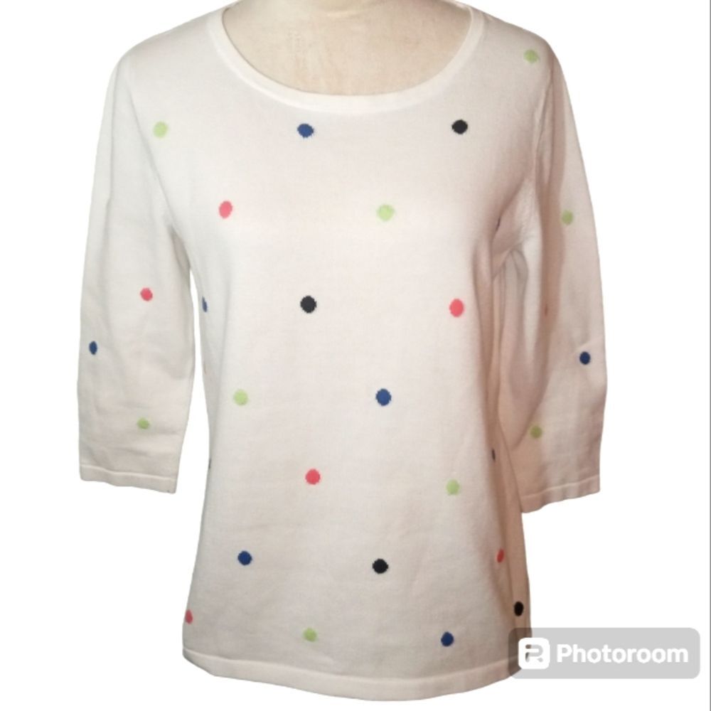 Talbot's 100% Cotton White Polka Dot Lightweight Crewneck Sweater Size M